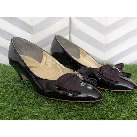 RARE VINTAGE CUSTOM MADE BALENCIAGA Black Kitten Heels W/Burgundy Bow Size 7.5-8 - Picture 1 of 16